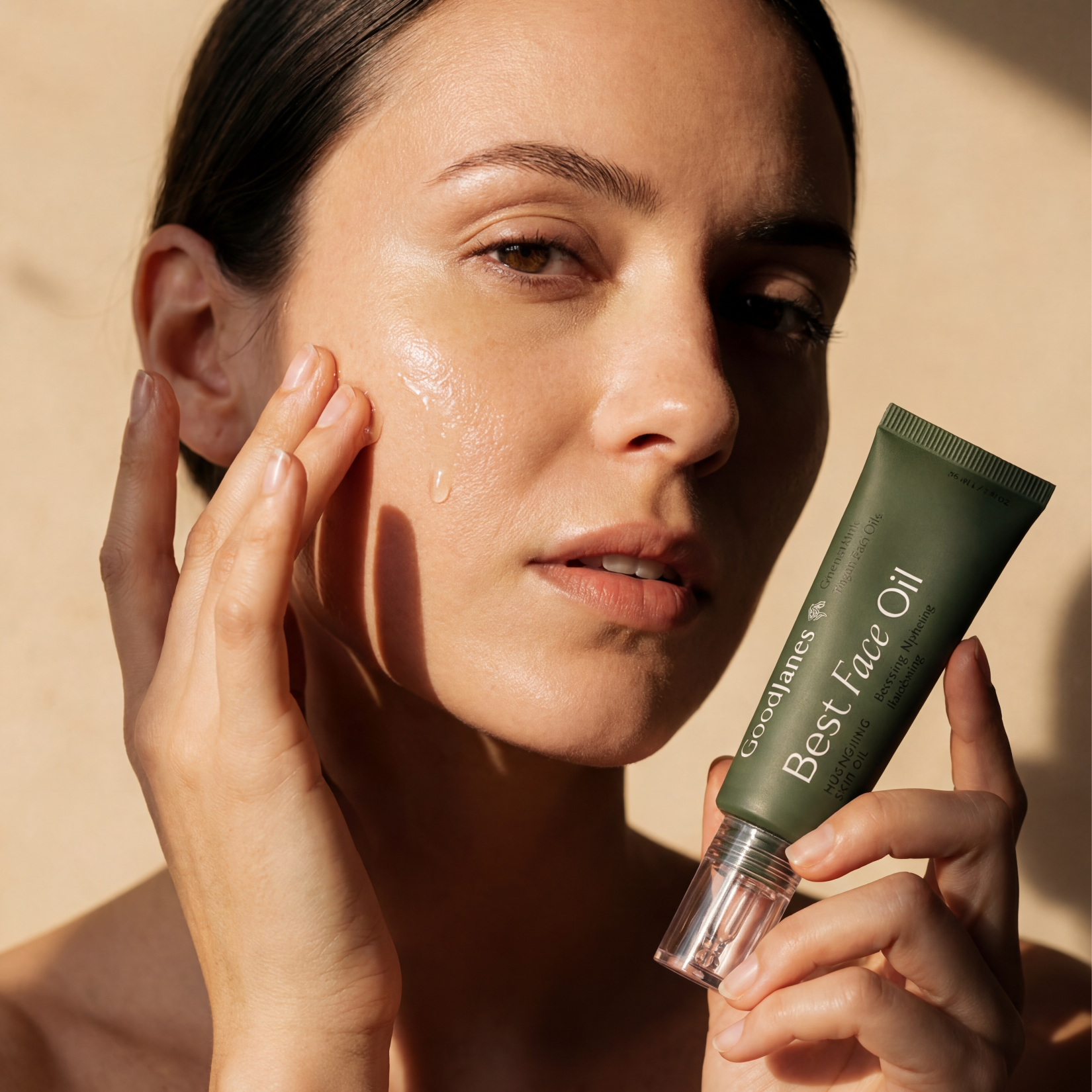 Woman applying a green tube of face oil to her cheek against a beige background