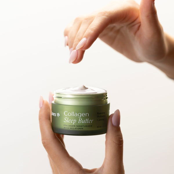 Hand holding a jar of collagen sleep butter with a white background