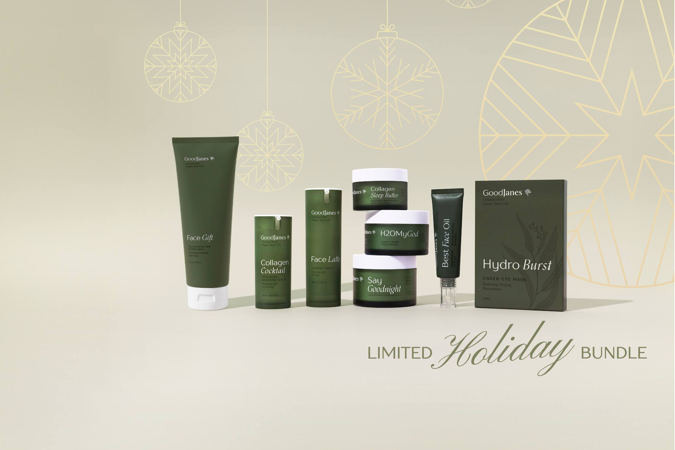 Collection of skincare products with 'Limited Holiday Bundle' text on a neutral background