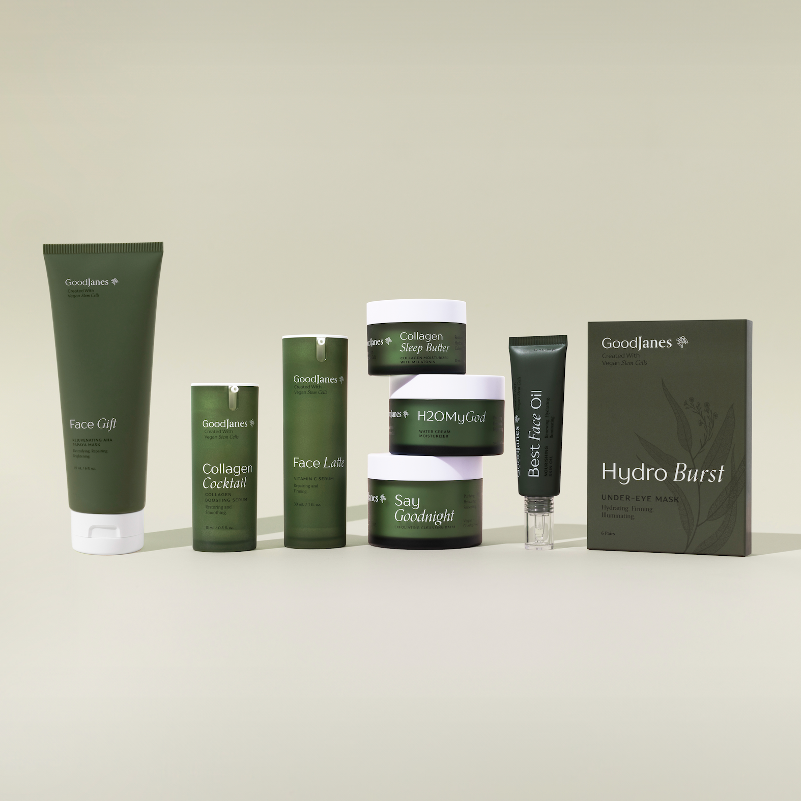 Collection of Goodlines skincare products on a light beige background